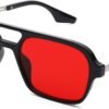Rectangle Unisex Sunglasses Black Frame Red Lens