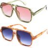 2-Pack Aviator Sunglasses Green Pink, Amber Blue