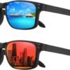 2-Pack Rectangle Sunglasses Black Frame Blue & Red Mirrored