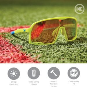 Neon Yellow Shield Sunglasses – Red Mirrored Lens
