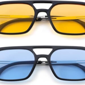 2-Pack Rectangle Sunglasses – Black Frame, Yellow & Blue