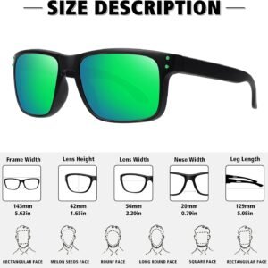 Unisex Rectangle Sunglasses - Black Frame, Green Mirror