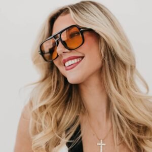 Oversized Square Sunglasses Black Frame Amber Lens Unisex