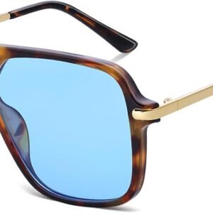 Tortoise Square Sunglasses – Gold Metal Temples, Blue Lens