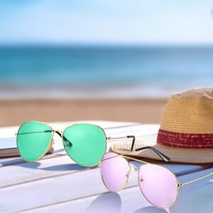 2-Pack Aviator Sunglasses – Gold Frame, Green & Pink Lenses