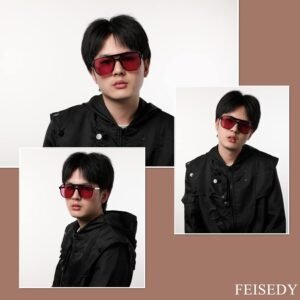 Feisedy Unisex Aviator Sunglasses – Black Frame, Red Lens