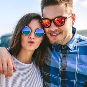Round Sunglasses – Blue Mirrored Lens, Unisex