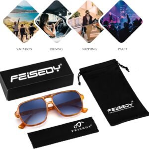 Feisedy Square Sunglasses – Amber Frame, Blue Gradient