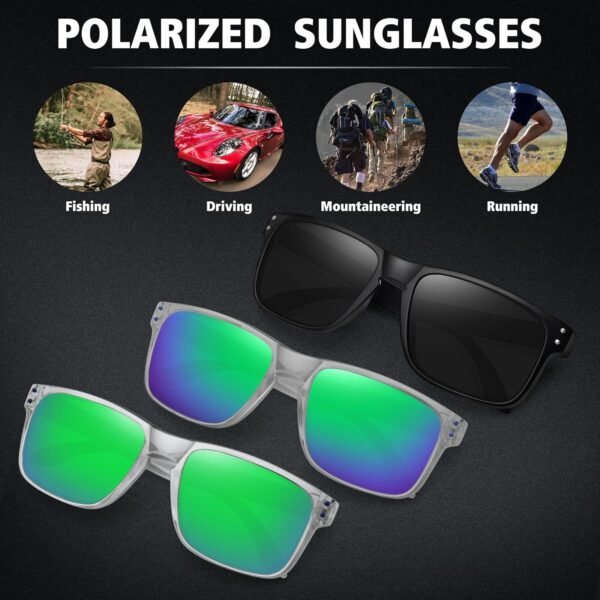 3-Pack Wayfarer Sunglasses - Black & Clear, Green Mirror