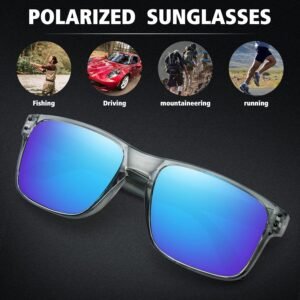 Polarized Rectangle Sunglasses Clear Frame Blue Mirror