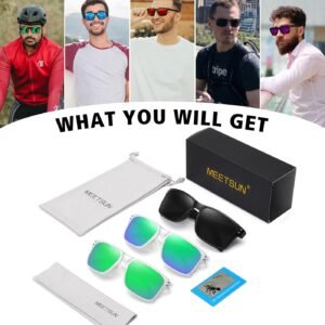 3-Pack Square Sunglasses – Clear Frame, Green Mirror