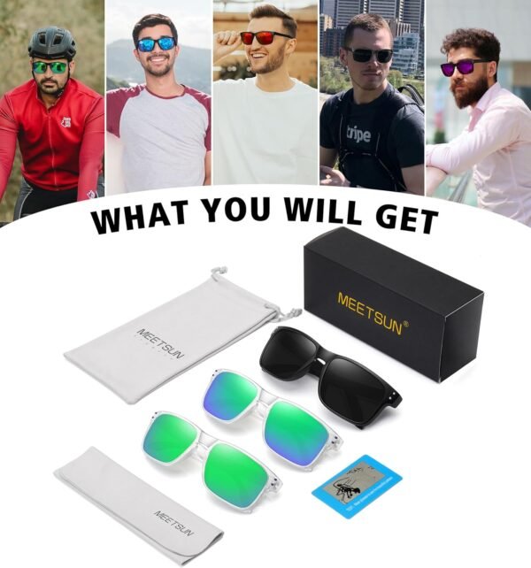 3-Pack Square Sunglasses – Clear Frame, Green Mirror