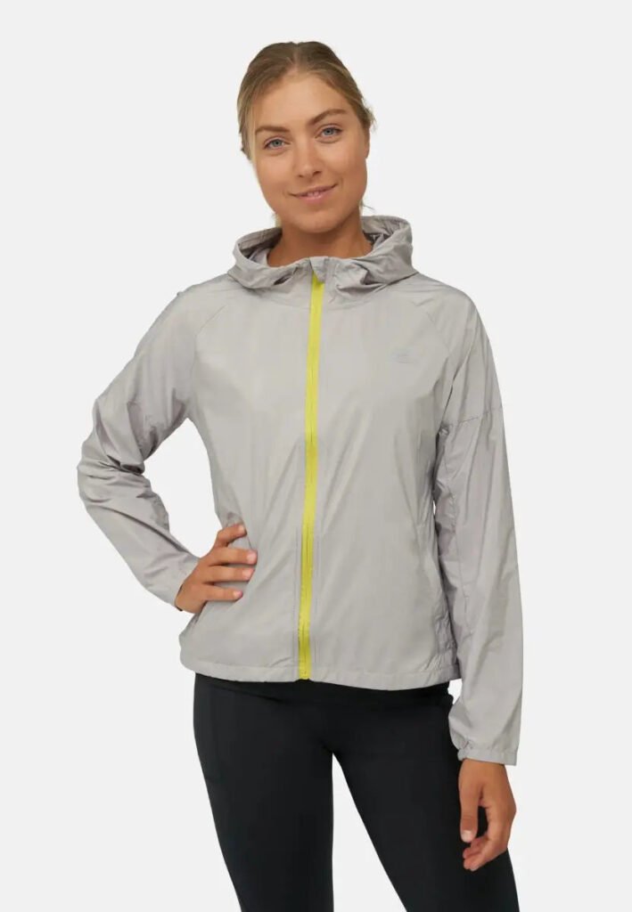 Women's Grey Hooded Running Jacket shown in the selected color or assortment