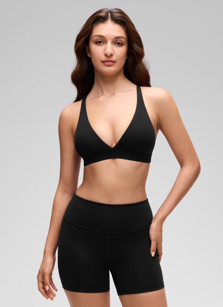Black V-Neck Cross-Strap Sports Bra shown in the selected color or assortment